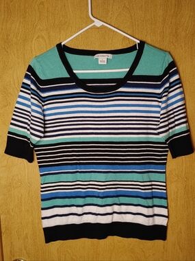 Liz Claiborne Teal, Blue & Black Striped Short Sleeve Top L